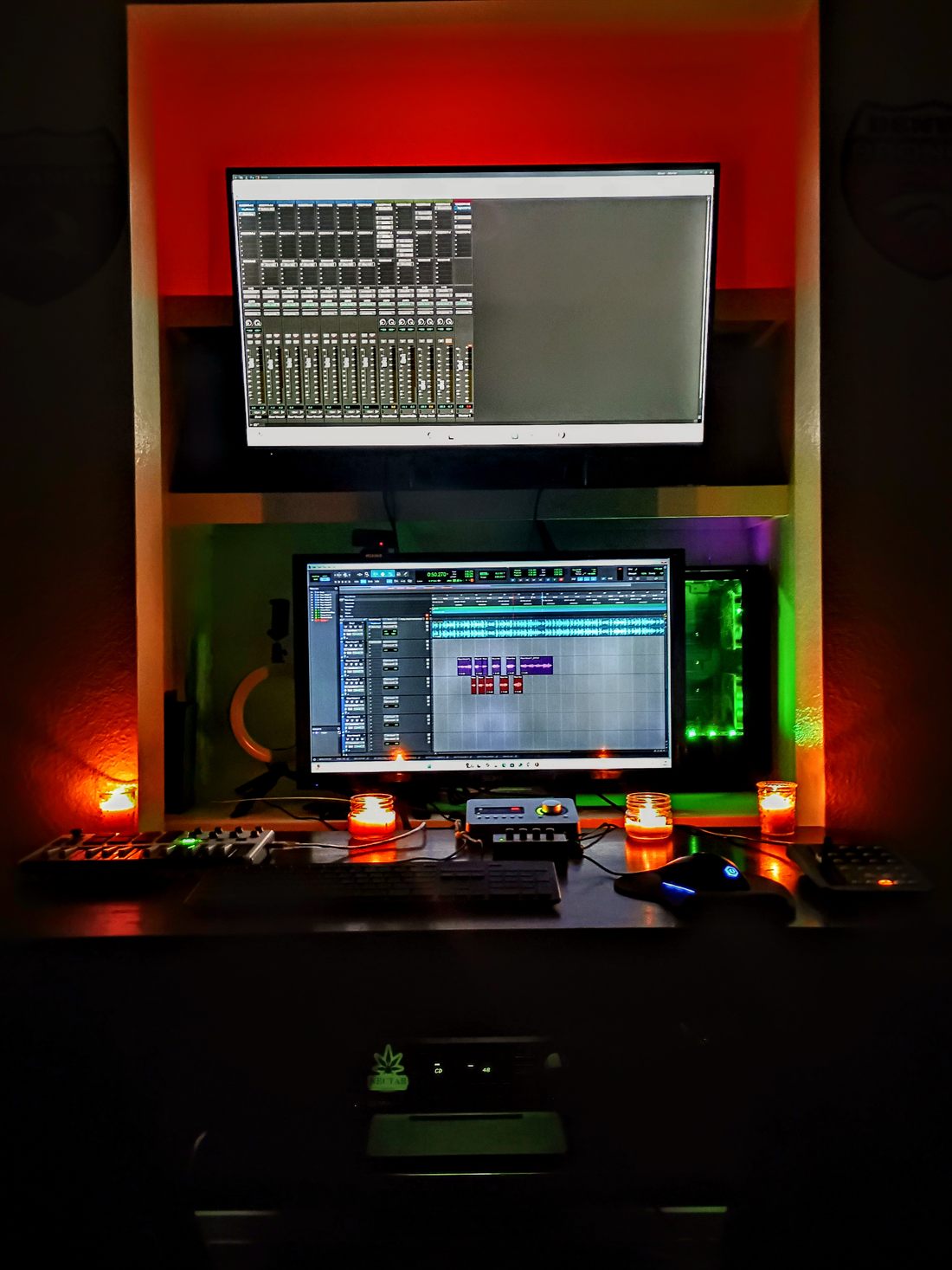 Zach Tory's control room — dual monitors running a mix session at Zach Tory Studios