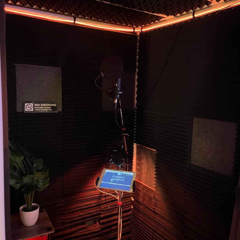 Vocal booth with Telefunken microphone and acoustic treatment