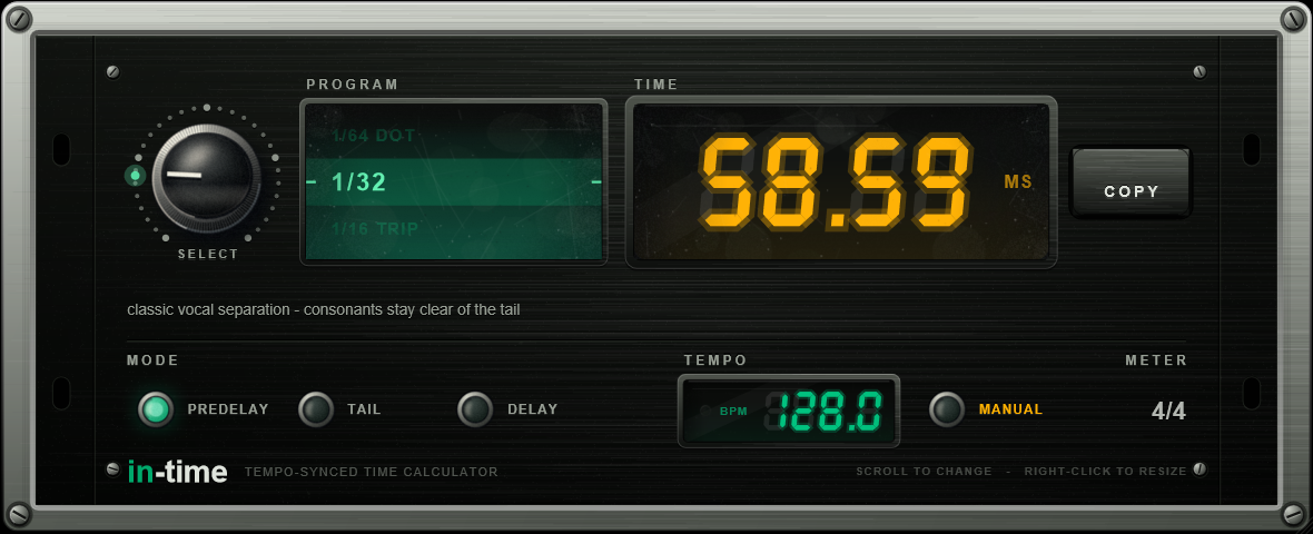 The In-Time panel in PRE-DELAY mode: 1/32 selected, 58.59 ms in the readout, 128.0 BPM in the tempo window